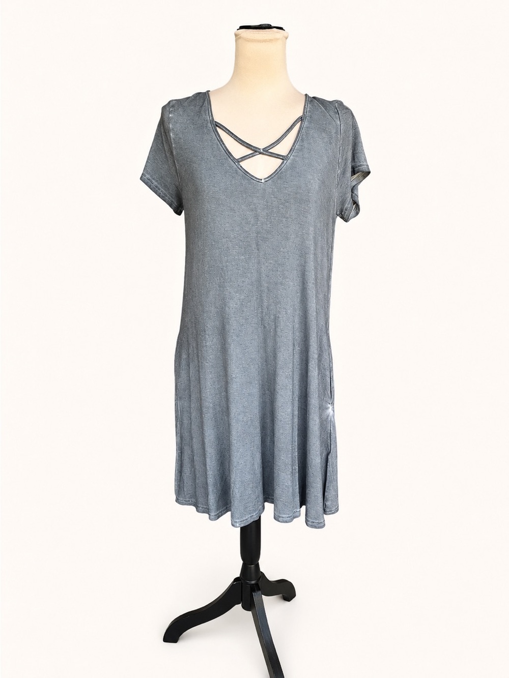 Umgee Gray Criss Cross Swing Dress Small Soft Washed Knit